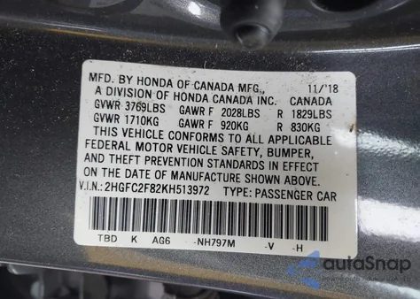 2019 Honda Civic Sport из США, поврежденный, VIN 2HGFC2F82KH513972